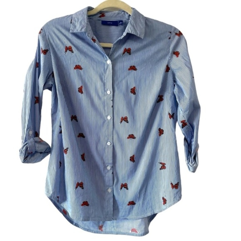 Apt. 9 Blue Striped Women’s Shirt with Red Floral Accents Petite Size: p Xl